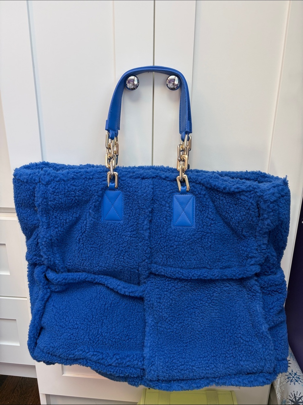 Steve Madden Royal Blue Sherpa Tote with Gold Chain Handles